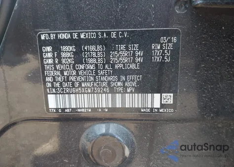 2016 Honda Hr-V Ex from USA, damaged, VIN 3CZRU6H5XGM739246